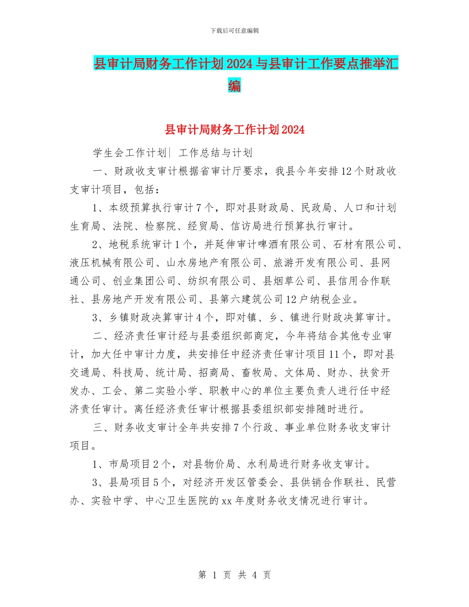县审计局财务工作计划2024与县审计工作要点推荐汇编_第1页
