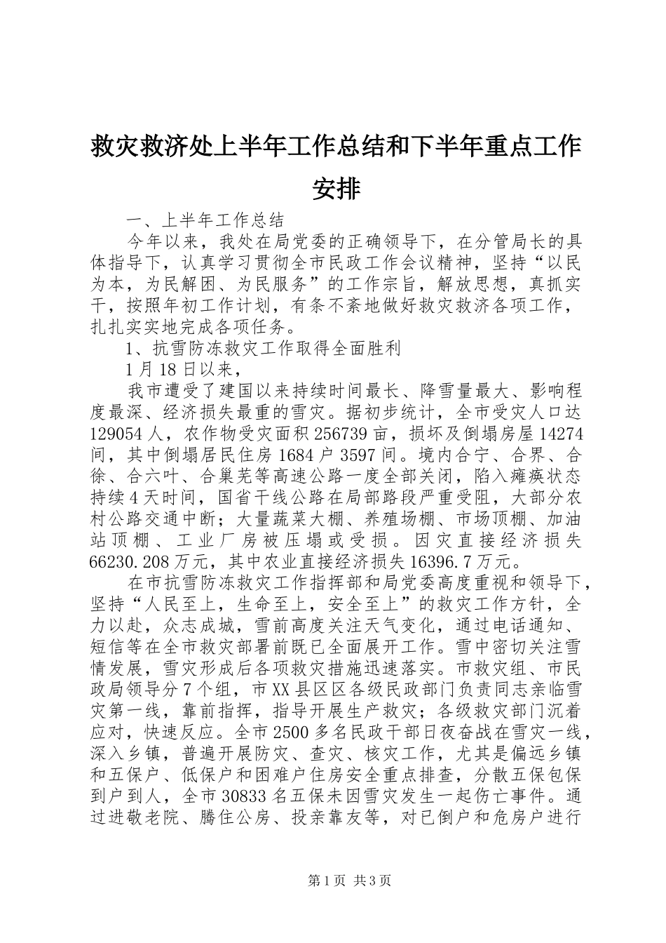 救灾救济处上半年工作总结和下半年重点工作安排 _第1页
