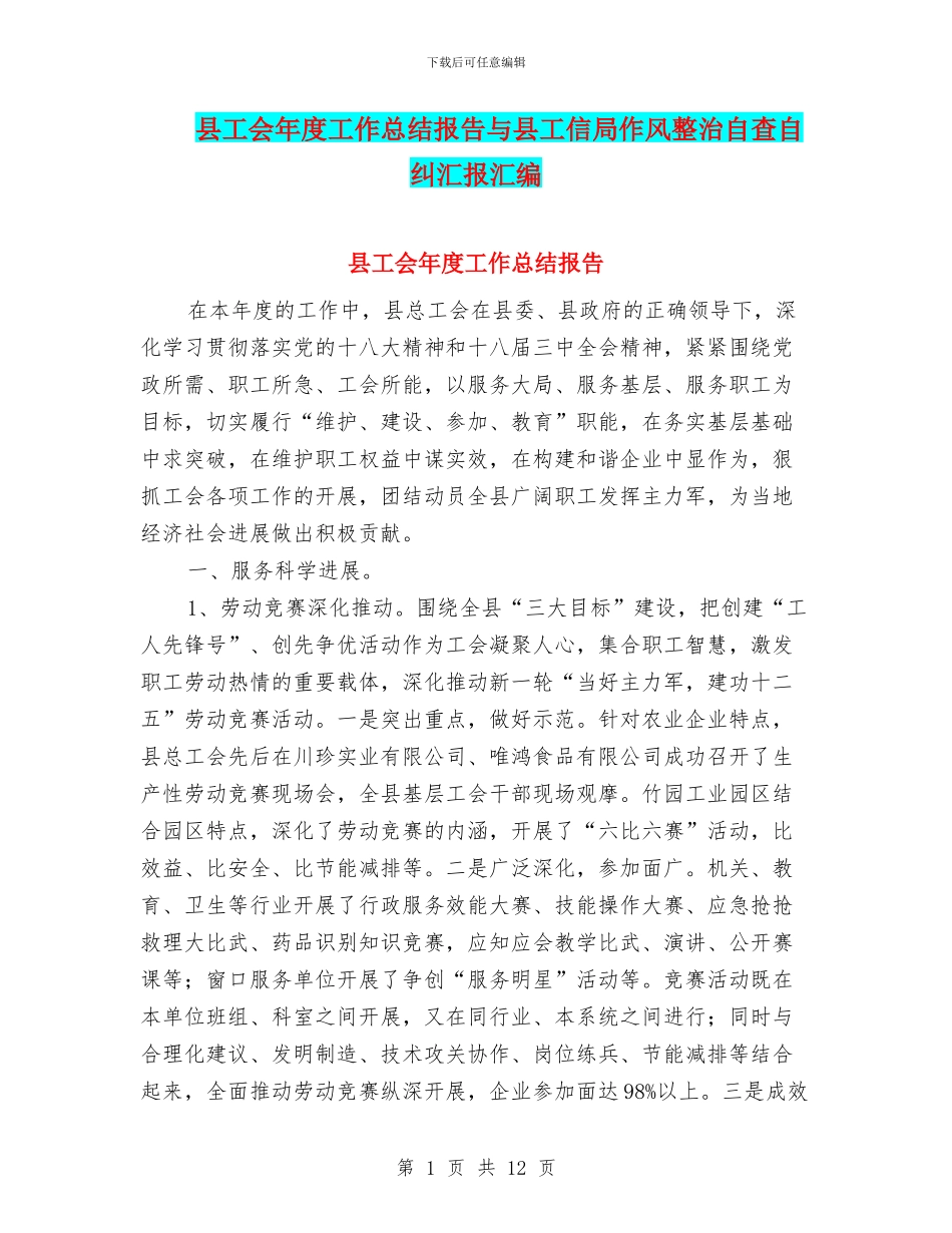 县工会年度工作总结报告与县工信局作风整治自查自纠汇报汇编_第1页