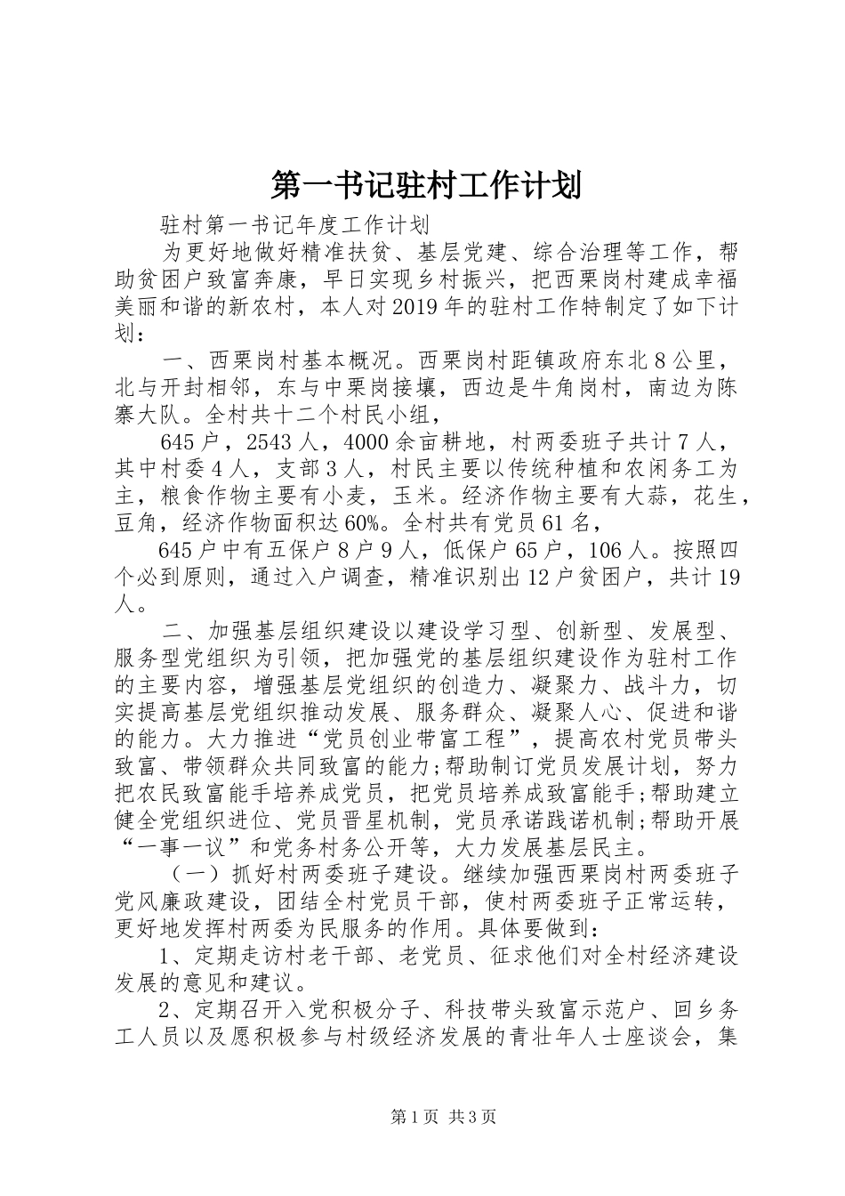 第一书记驻村工作计划 _第1页
