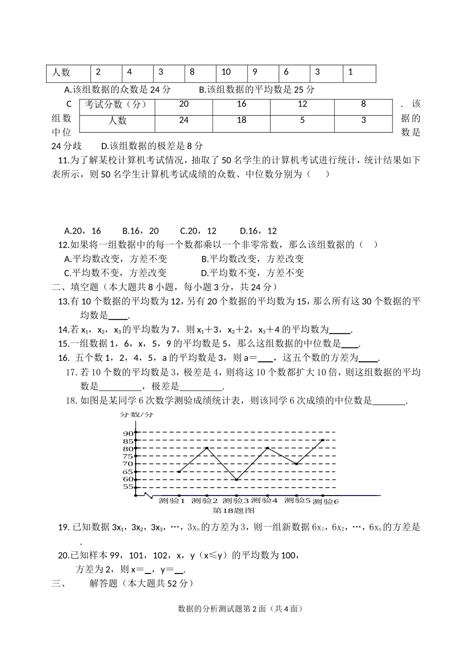 八年级数学第二十章数据的分析测试题_第2页