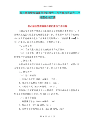 县心脑血管疾病事件登记报告工作方案与县志办三个排查总结汇编