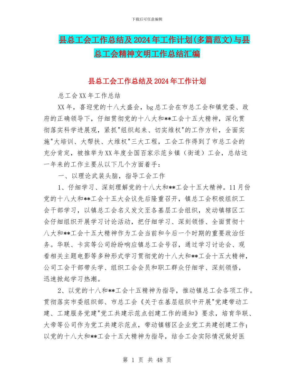 县总工会工作总结及2024年工作计划与县总工会精神文明工作总结汇编_第1页