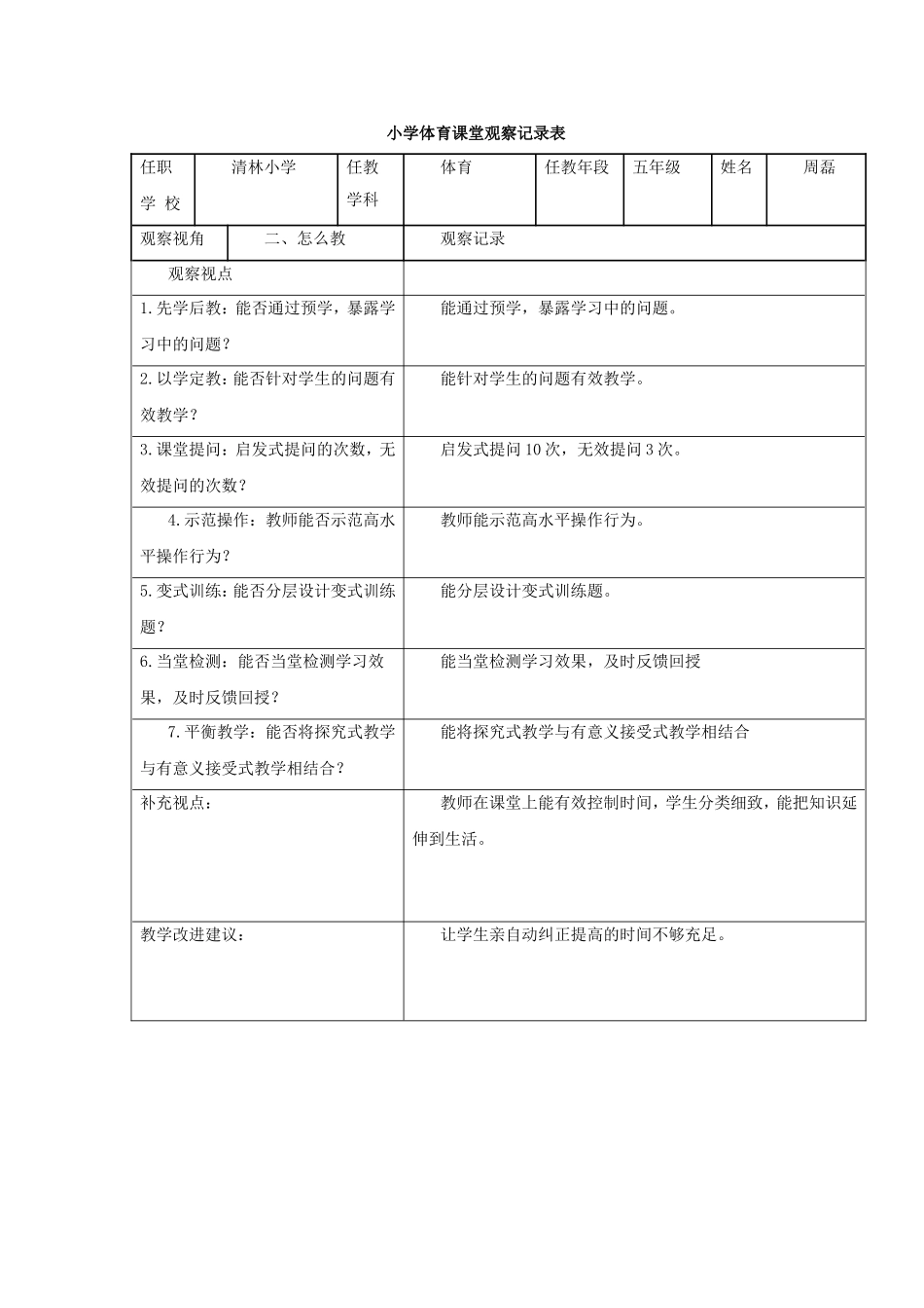 小学体育课堂观察记录表_第1页