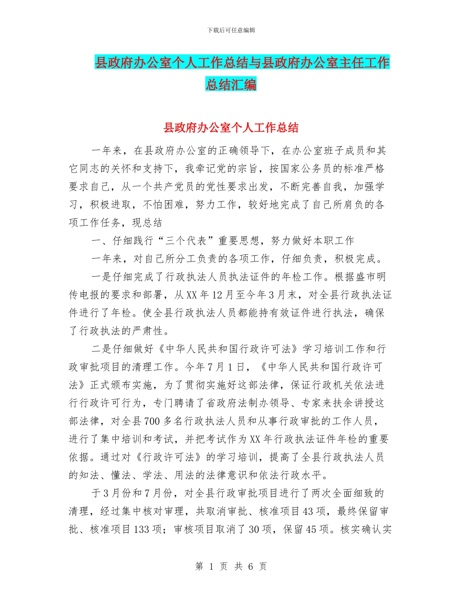 县政府办公室个人工作总结与县政府办公室主任工作总结汇编_第1页