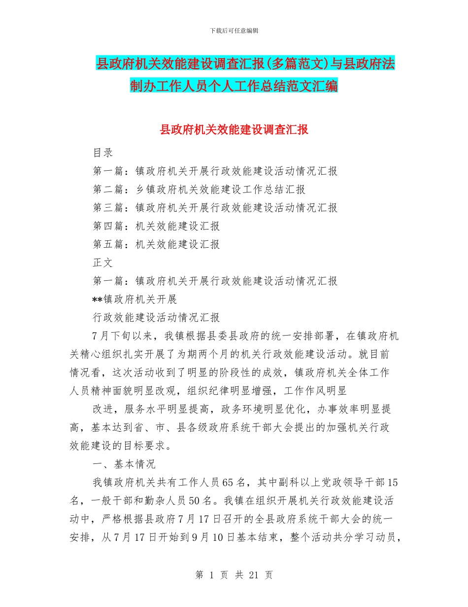 县政府机关效能建设调查汇报与县政府法制办工作人员个人工作总结范文汇编_第1页