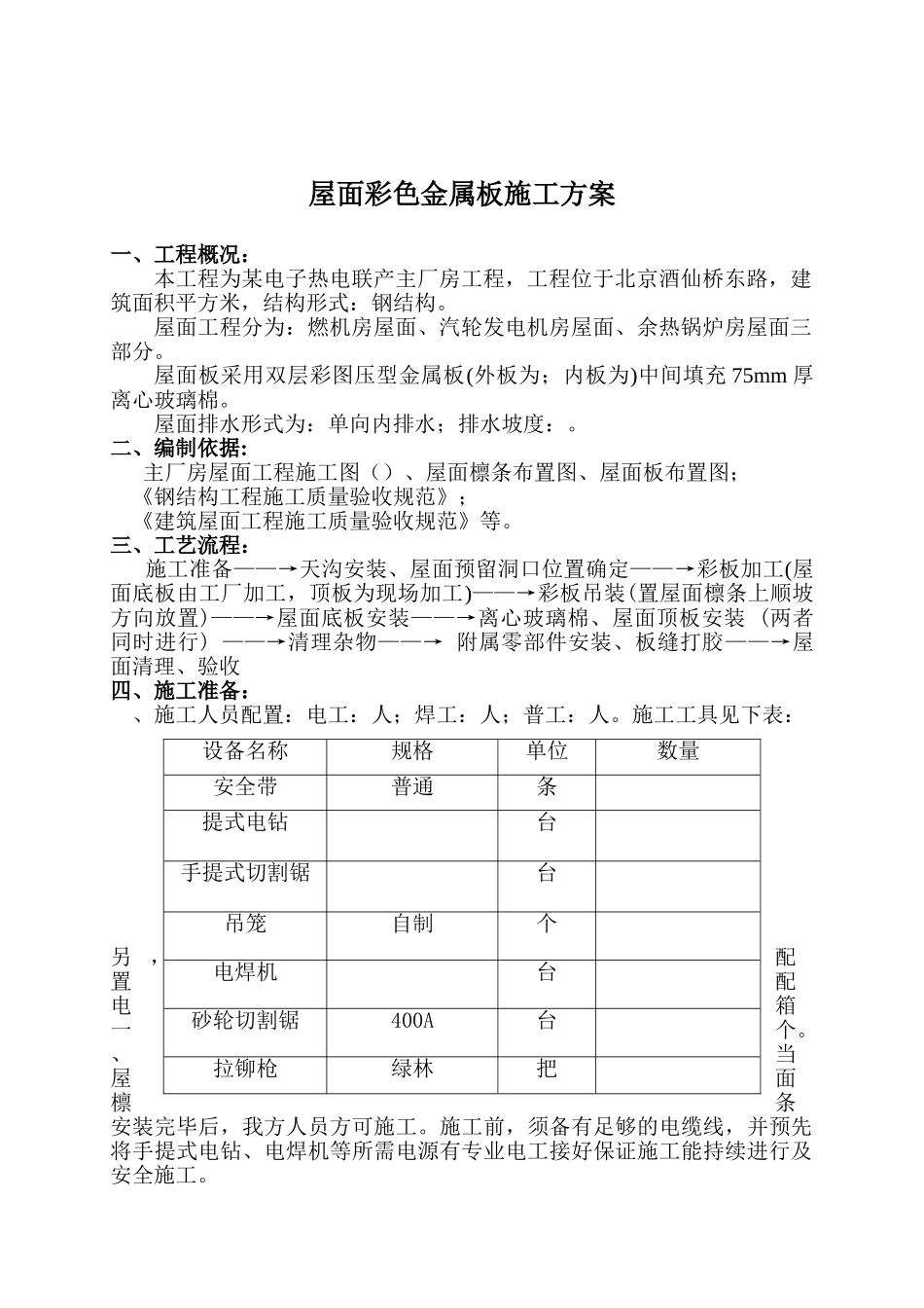 联产工程主厂房工程屋面彩色金属板安装工程施工组织设计方案(DOC11页)_第1页