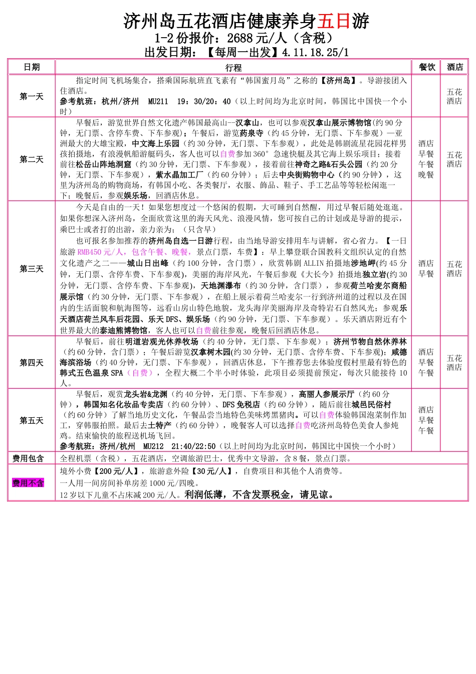 济州岛五花酒店健康养身五日游_第1页