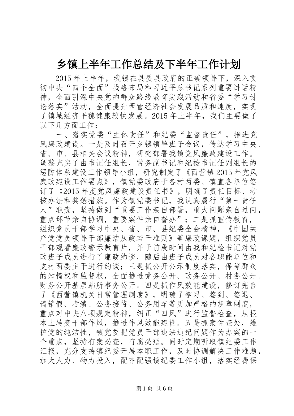 乡镇上半年工作总结及下半年工作计划_1 _第1页