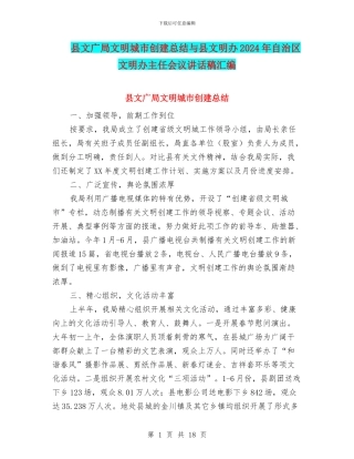 县文广局文明城市创建总结与县文明办2024年自治区文明办主任会议讲话稿汇编
