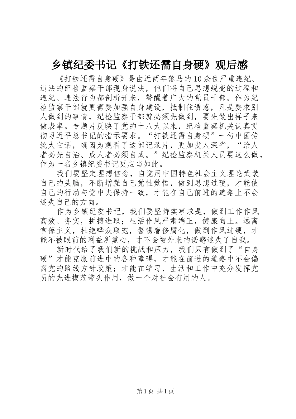 乡镇纪委书记《打铁还需自身硬》观后感_第1页