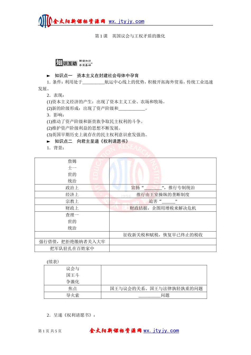 英国议会与王权矛盾的激化学案人教版选修_第1页