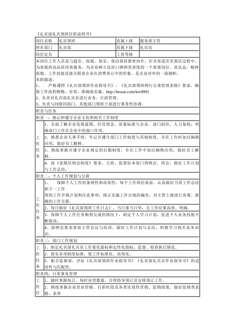 某连锁餐饮企业礼宾部礼宾领班职务说明书_第1页