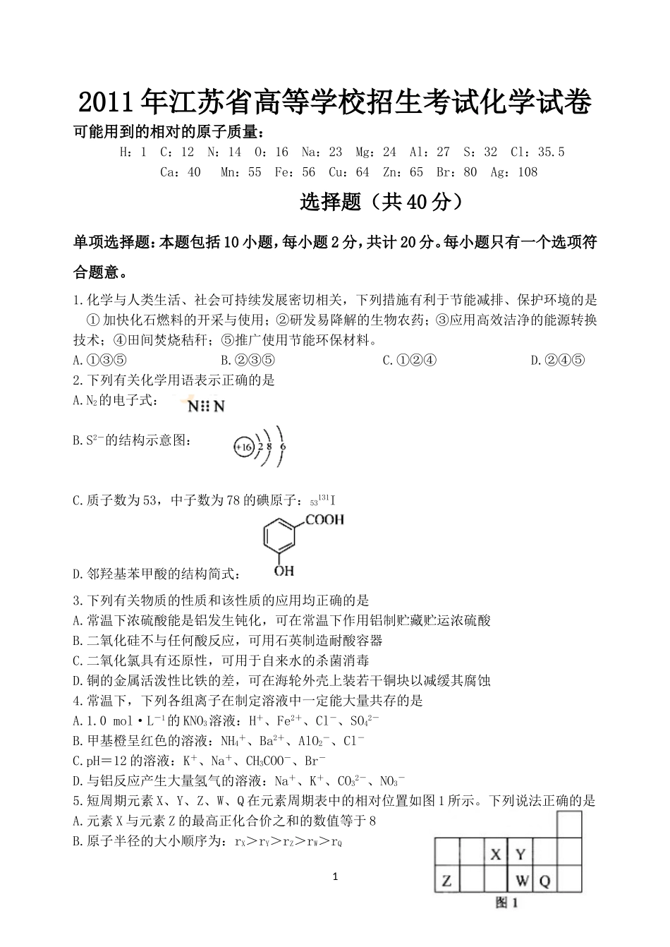 2011年高考化学试卷（江苏卷）试卷_第1页