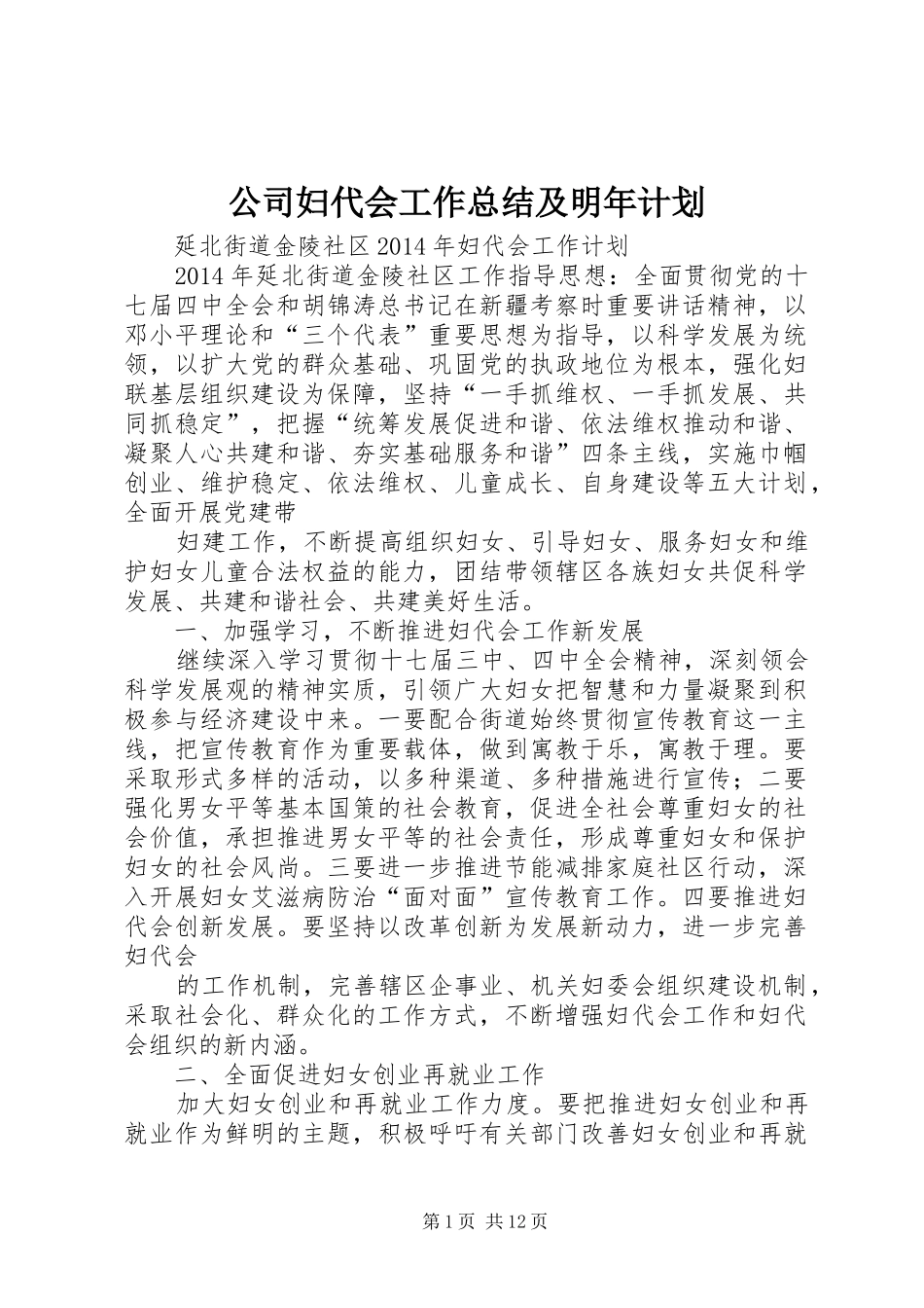 公司妇代会工作总结及明年计划 _第1页