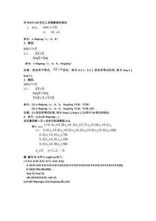 用MATLAB优化工具箱解线性规划