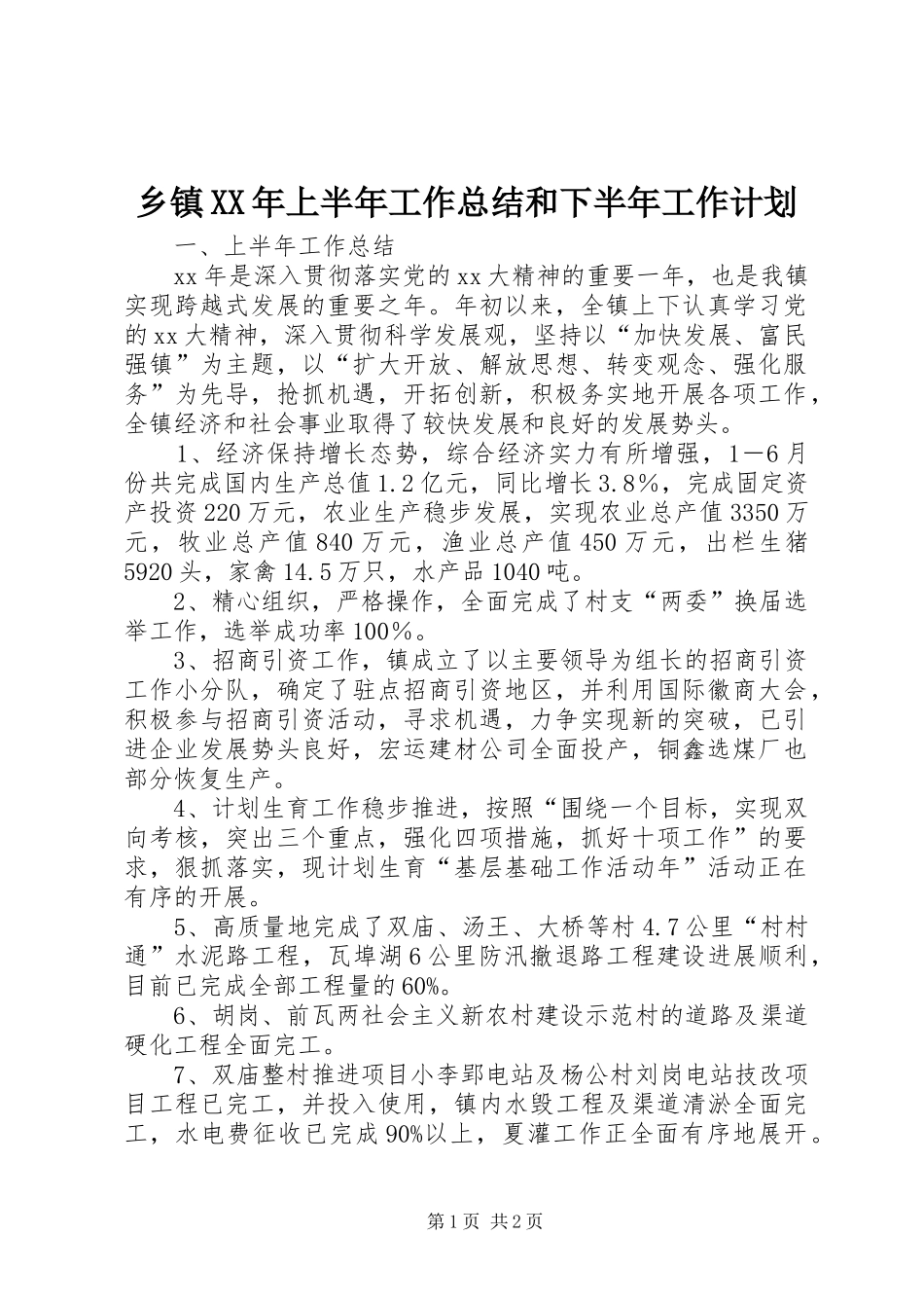 乡镇XX年上半年工作总结和下半年工作计划 _第1页