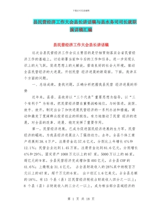 县民营经济工作大会县长讲话稿与县水务司司长就职演讲稿汇编