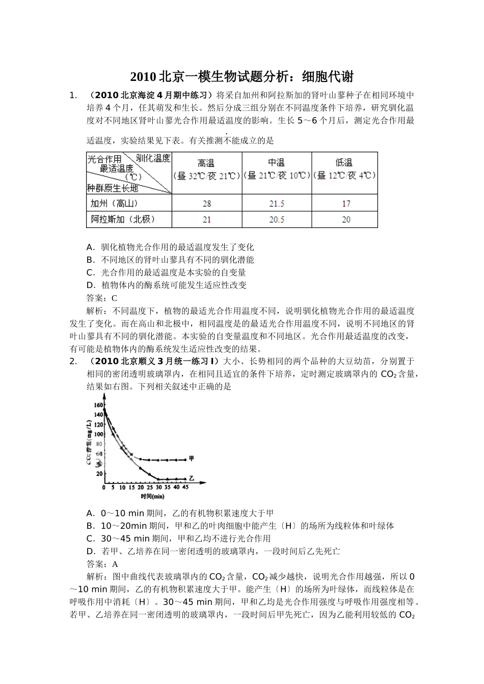 XXXX北京一模生物试题分析：细胞代谢_第1页