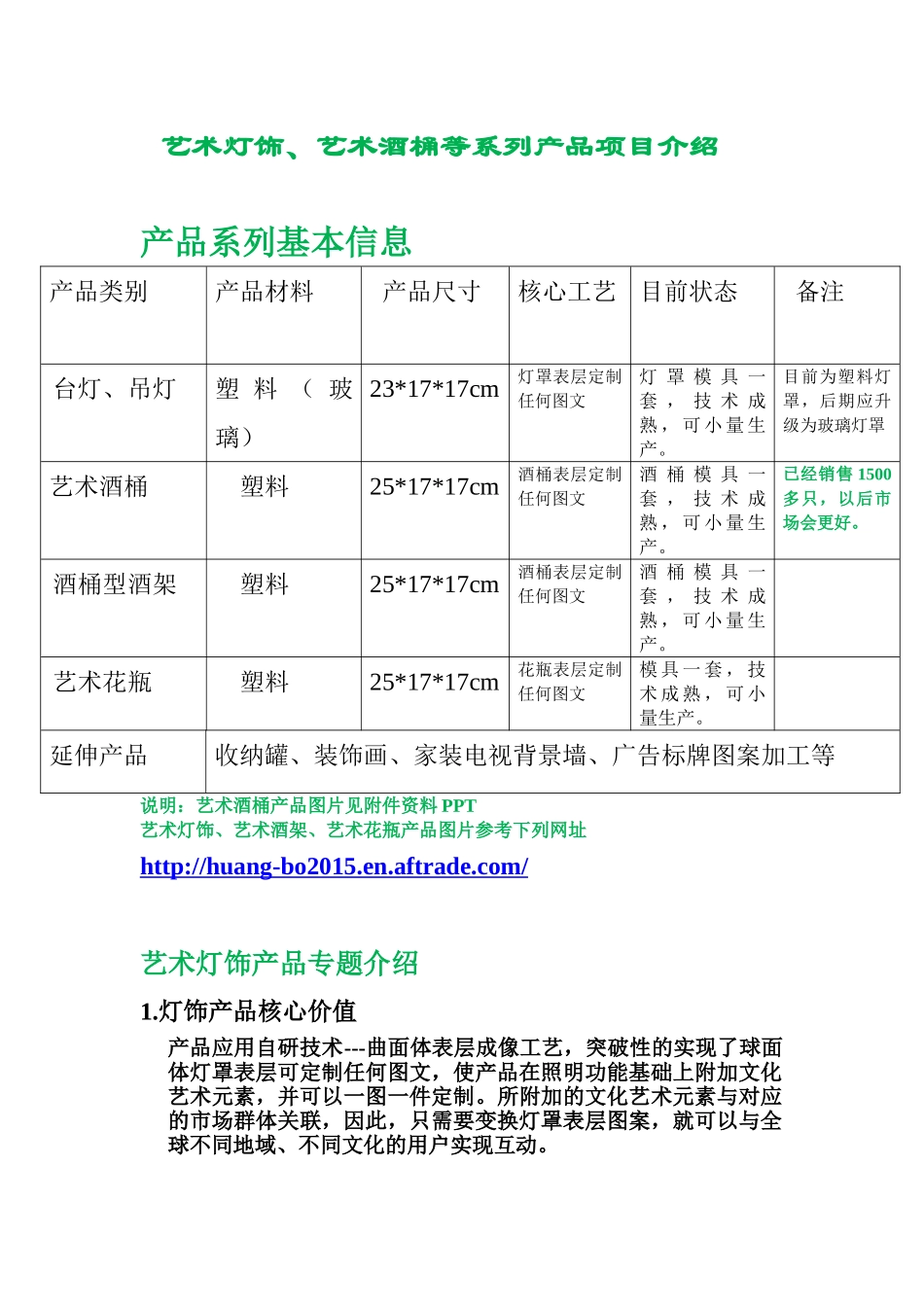 艺术灯饰艺术酒桶等产品融资说明书商业计划书(DOC14页)_第1页