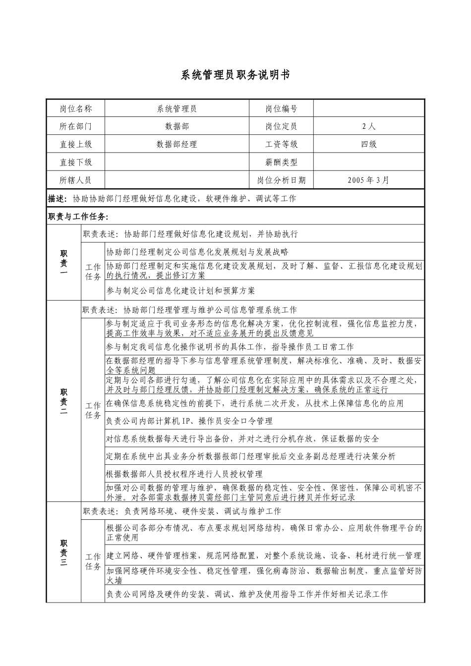 医药公司系统管理员职务说明书._第1页
