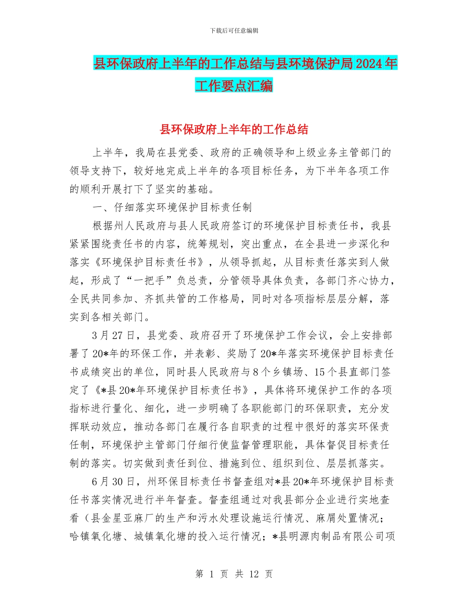 县环保政府上半年的工作总结与县环境保护局2024年工作要点汇编_第1页