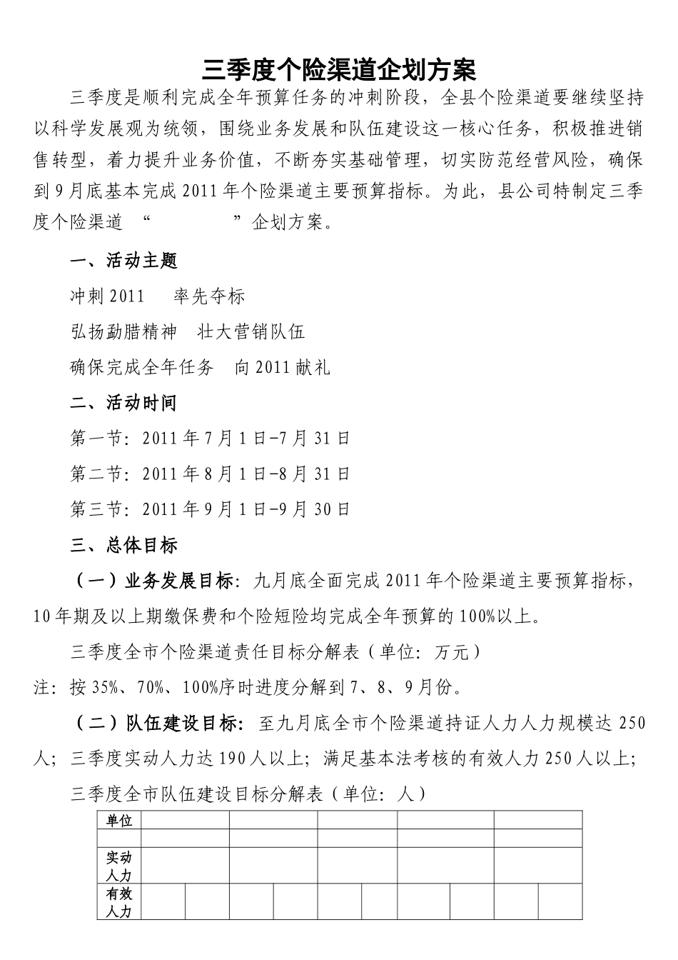 保险公司XXXX年三季度个险渠道企划方案11页_第1页