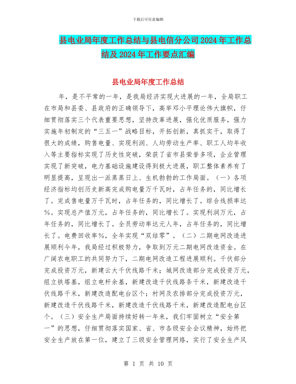 县电业局年度工作总结与县电信分公司2024年工作总结及2024年工作要点汇编_第1页