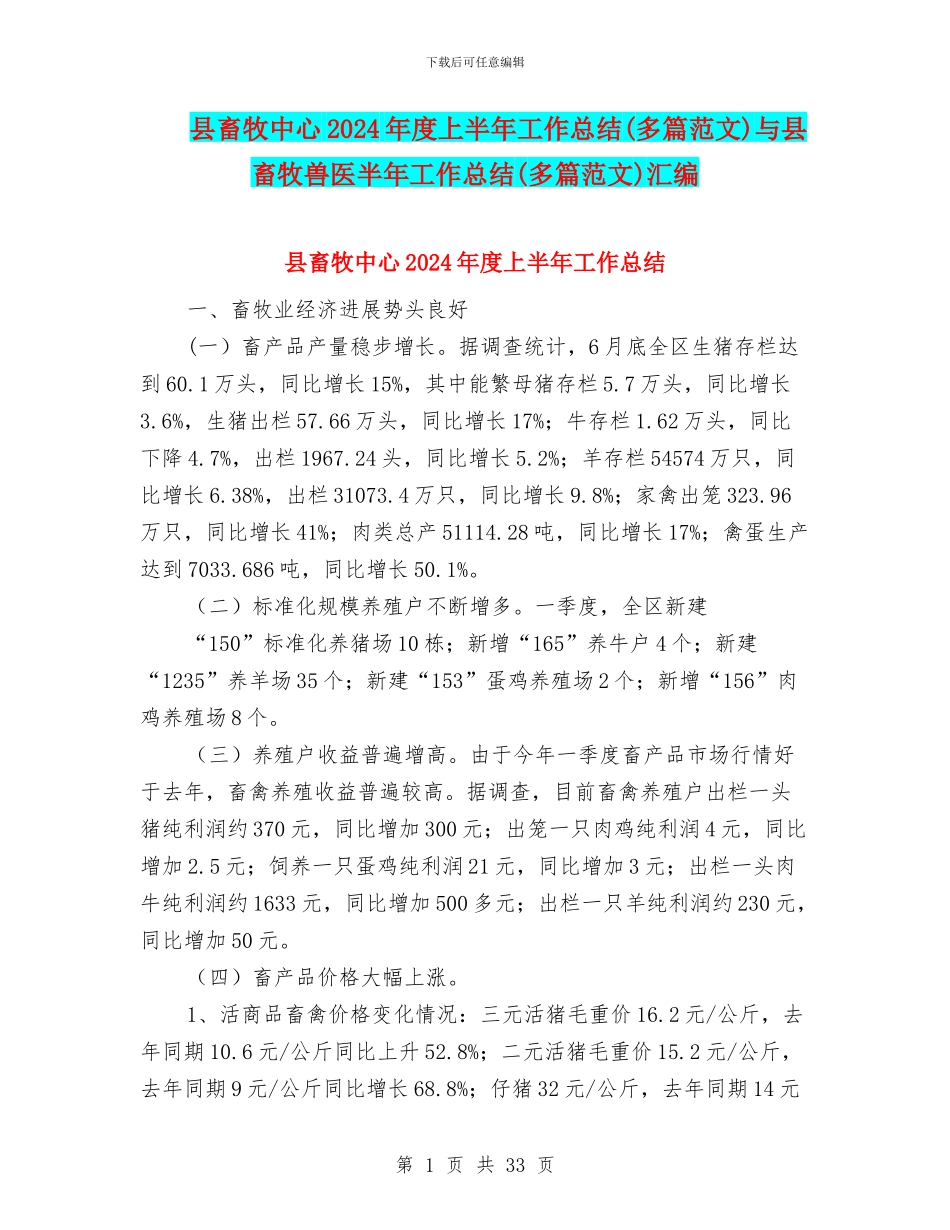 县畜牧中心2024年度上半年工作总结与县畜牧兽医半年工作总结(多篇范文)汇编_第1页