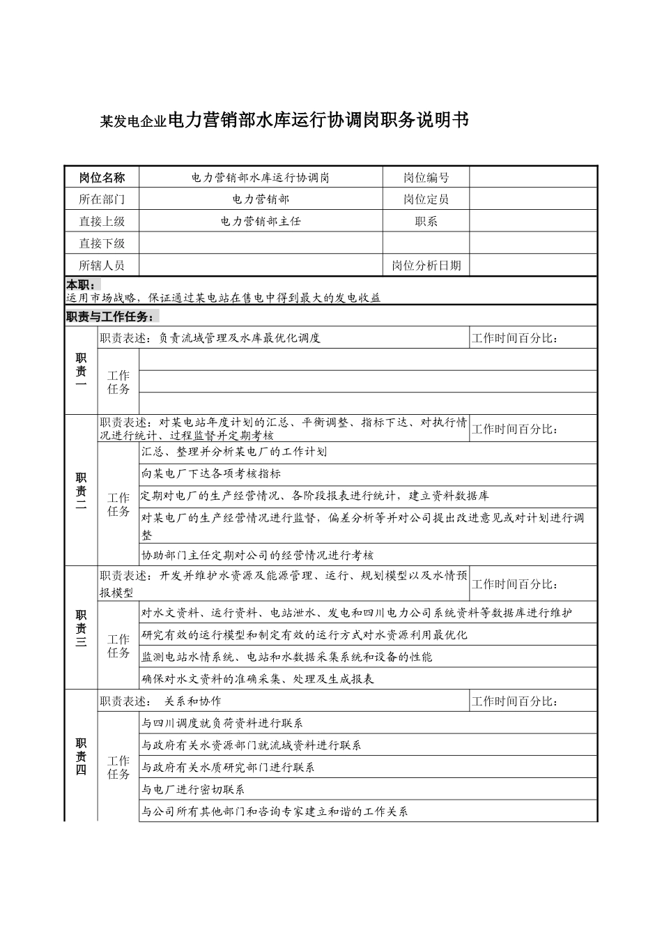 某发电企业电力营销部水库运行协调岗职务说明书_第1页