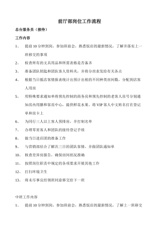 某酒店前厅部岗位工作流程