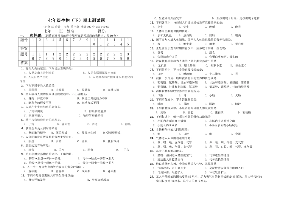 七年级下期末试卷答案双向细目表_第1页
