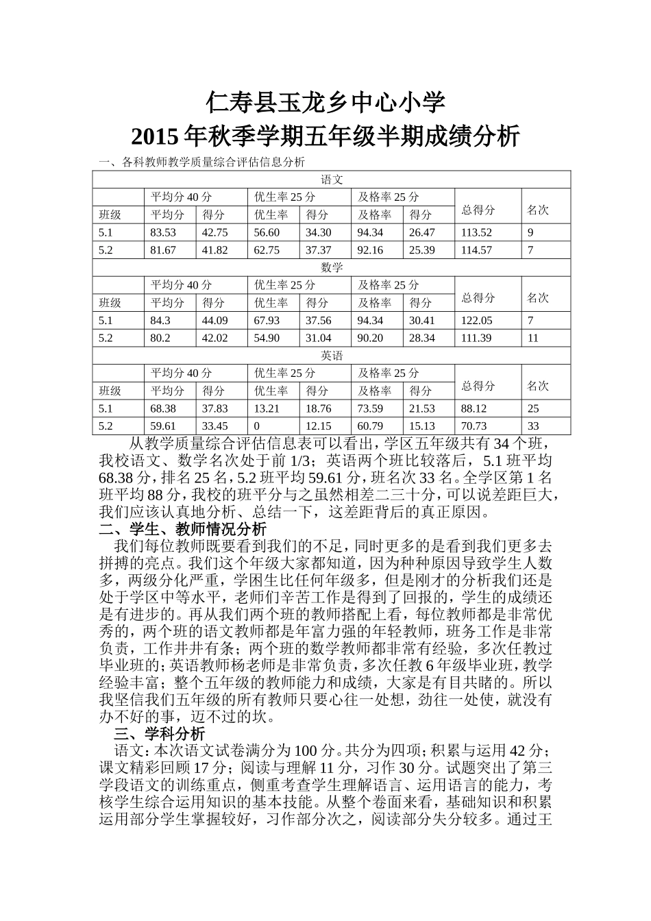 玉龙小学五年级半期分析_第1页