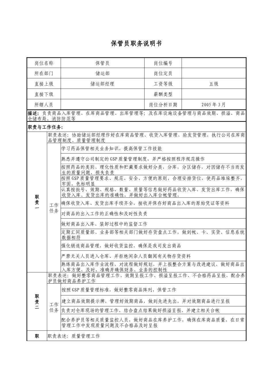 医药公司保管员职务说明书_第1页