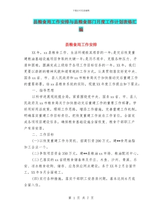 县粮食局工作安排与县粮食部门月度工作计划表格汇编