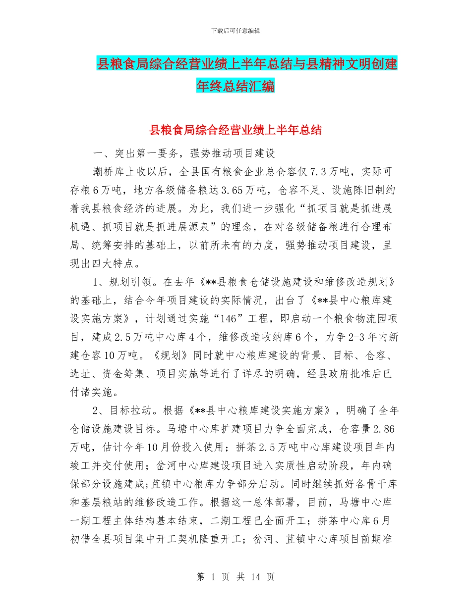 县粮食局综合经营业绩上半年总结与县精神文明创建年终总结汇编_第1页