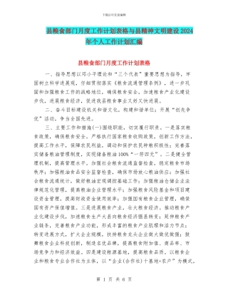 县粮食部门月度工作计划表格与县精神文明建设2024年个人工作计划汇编