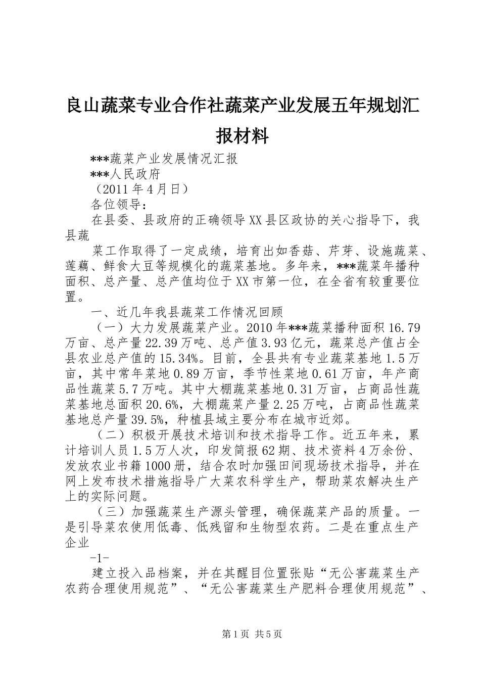 良山蔬菜专业合作社蔬菜产业发展五年规划汇报材料 _第1页