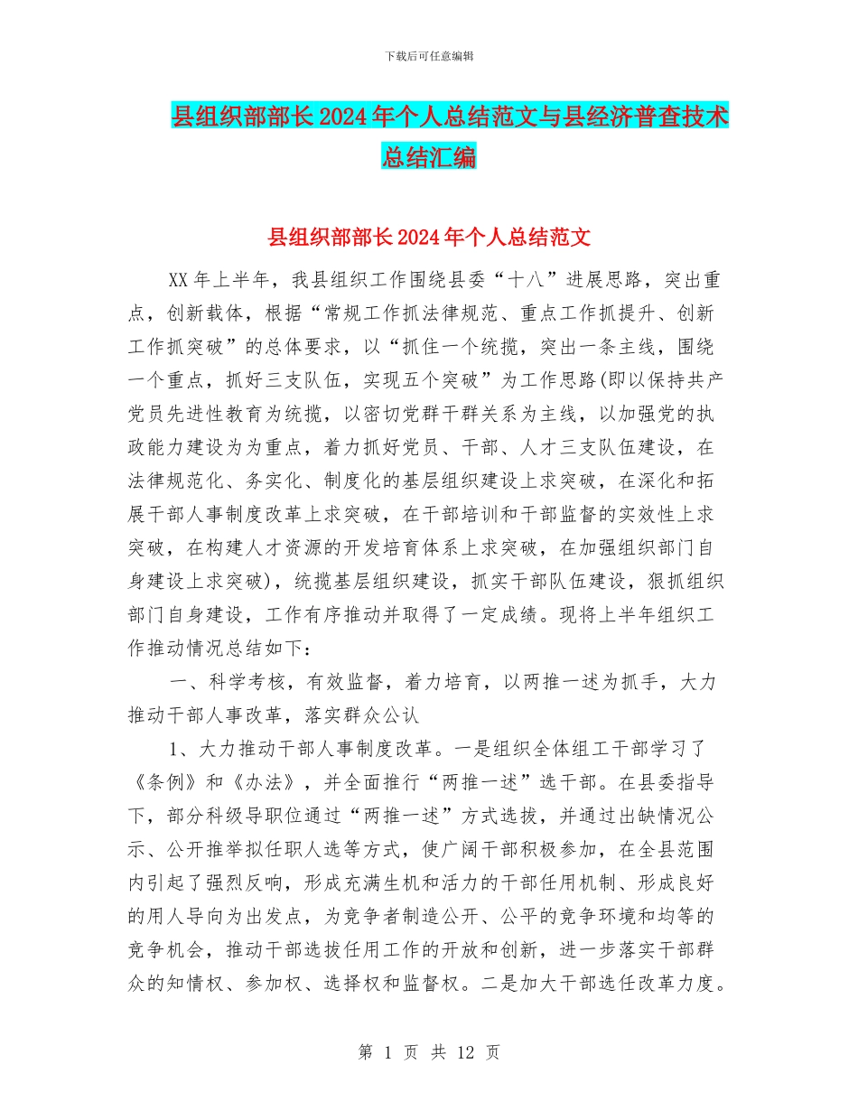 县组织部部长2024年个人总结范文与县经济普查技术总结汇编_第1页