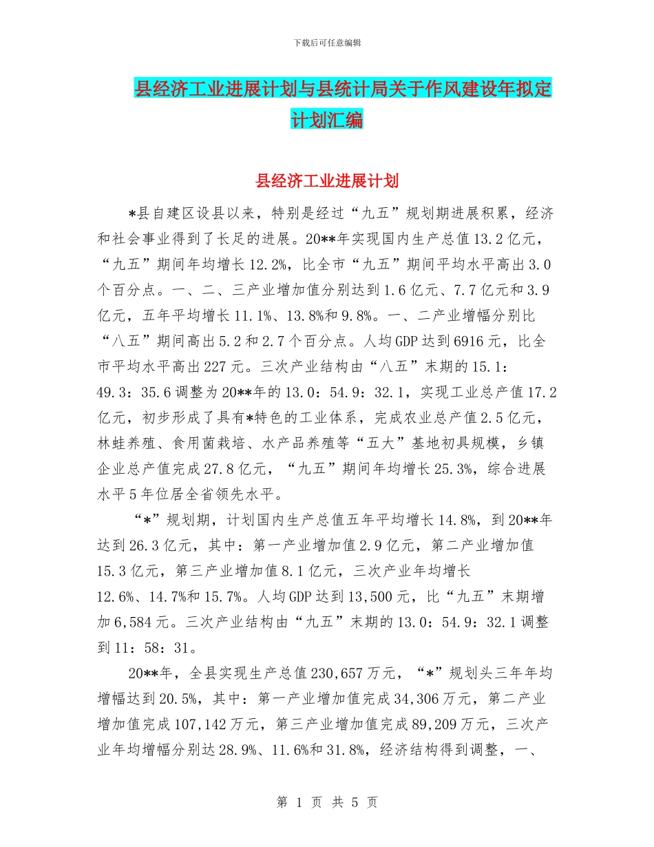 县经济工业发展计划与县统计局关于作风建设年拟定计划汇编_第1页