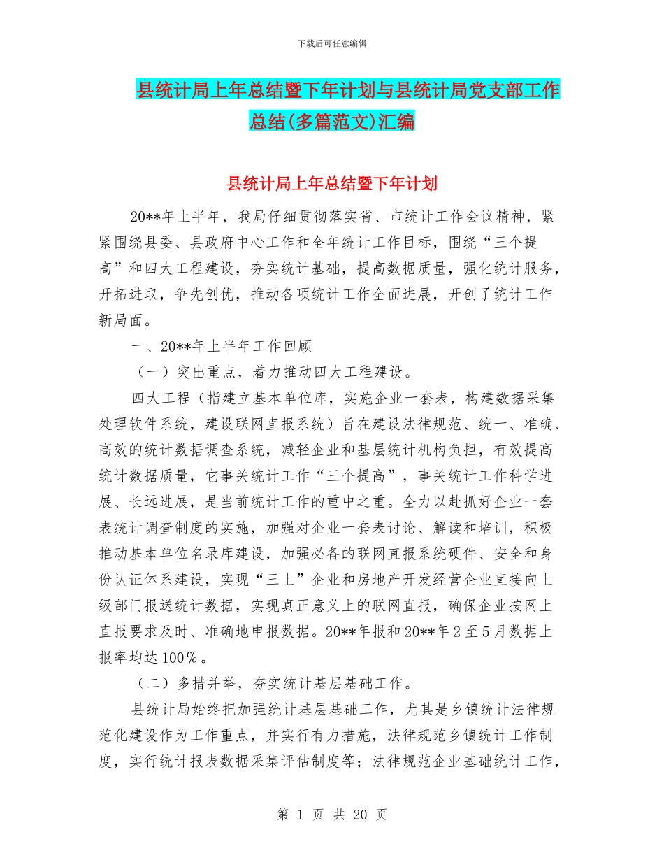 县统计局上年总结暨下年计划与县统计局党支部工作总结汇编_第1页
