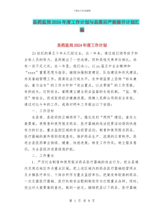 县药监局2024年度工作计划与县落后产能提升计划汇编