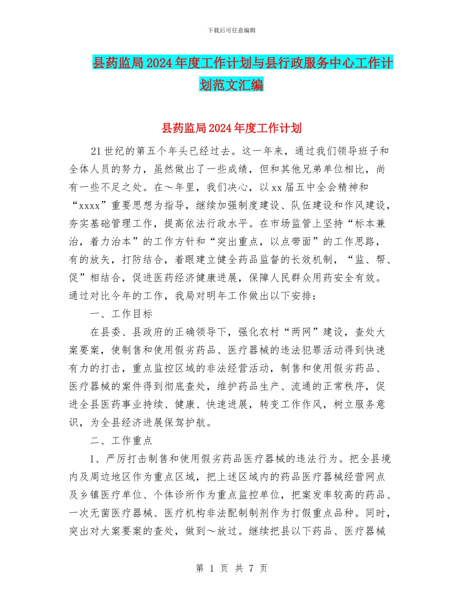 县药监局2024年度工作计划与县行政服务中心工作计划范文汇编_第1页
