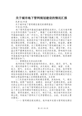 关于城市地下管网规划建设的情况汇报 
