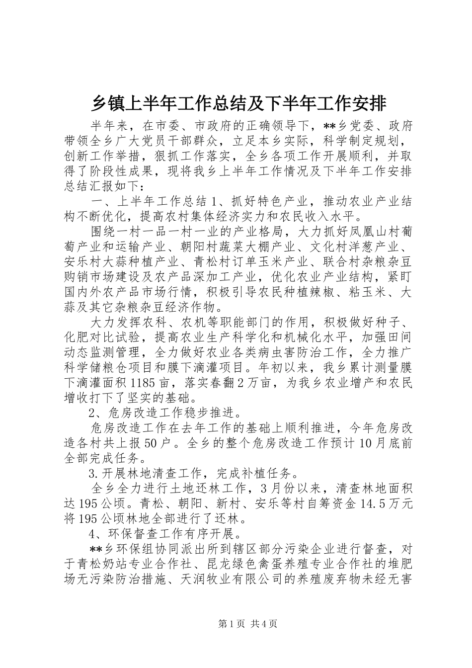 乡镇上半年工作总结及下半年工作安排 _第1页