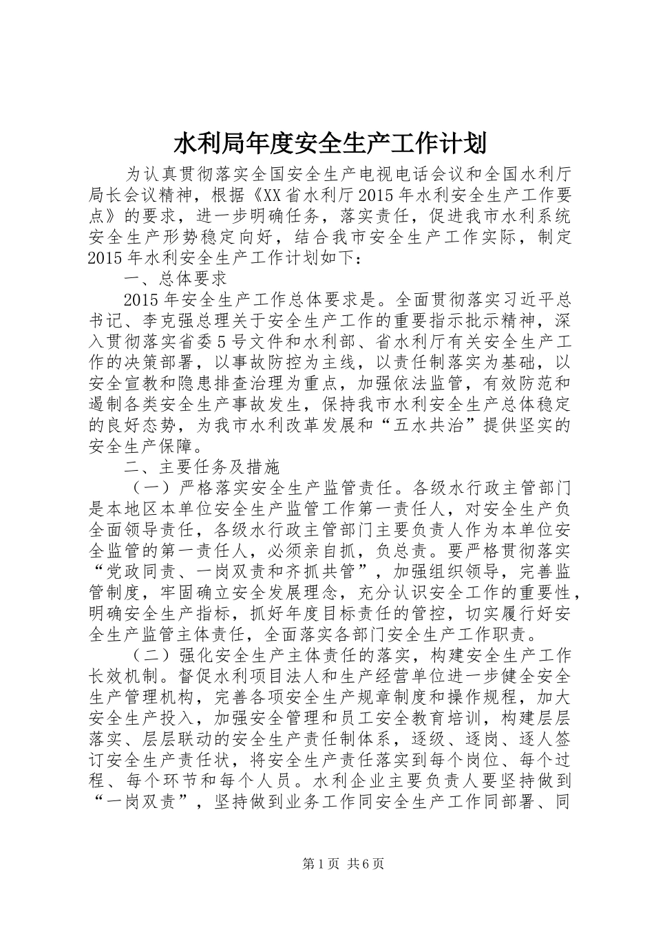 水利局年度安全生产工作计划 _第1页