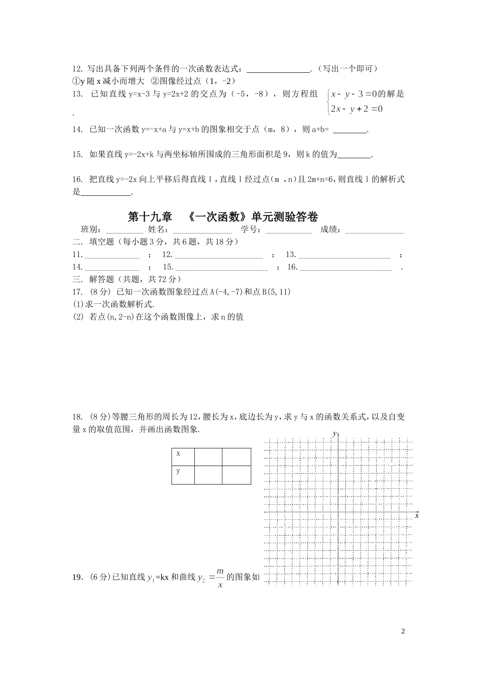 一次函数单元测验卷(20155)_第2页