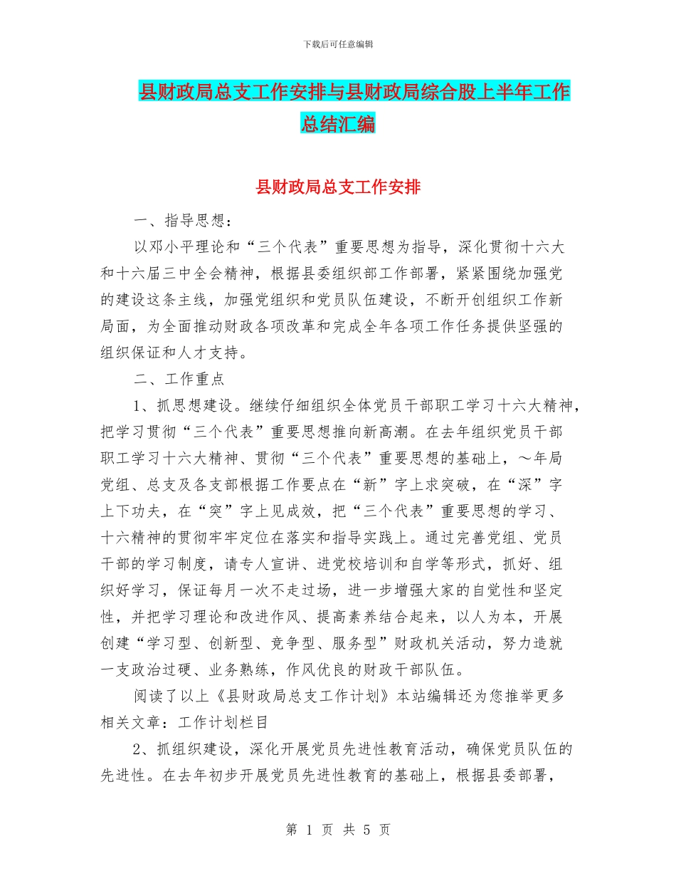 县财政局总支工作安排与县财政局综合股上半年工作总结汇编_第1页