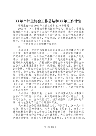 XX年市计生协会工作总结和XX年工作计划 