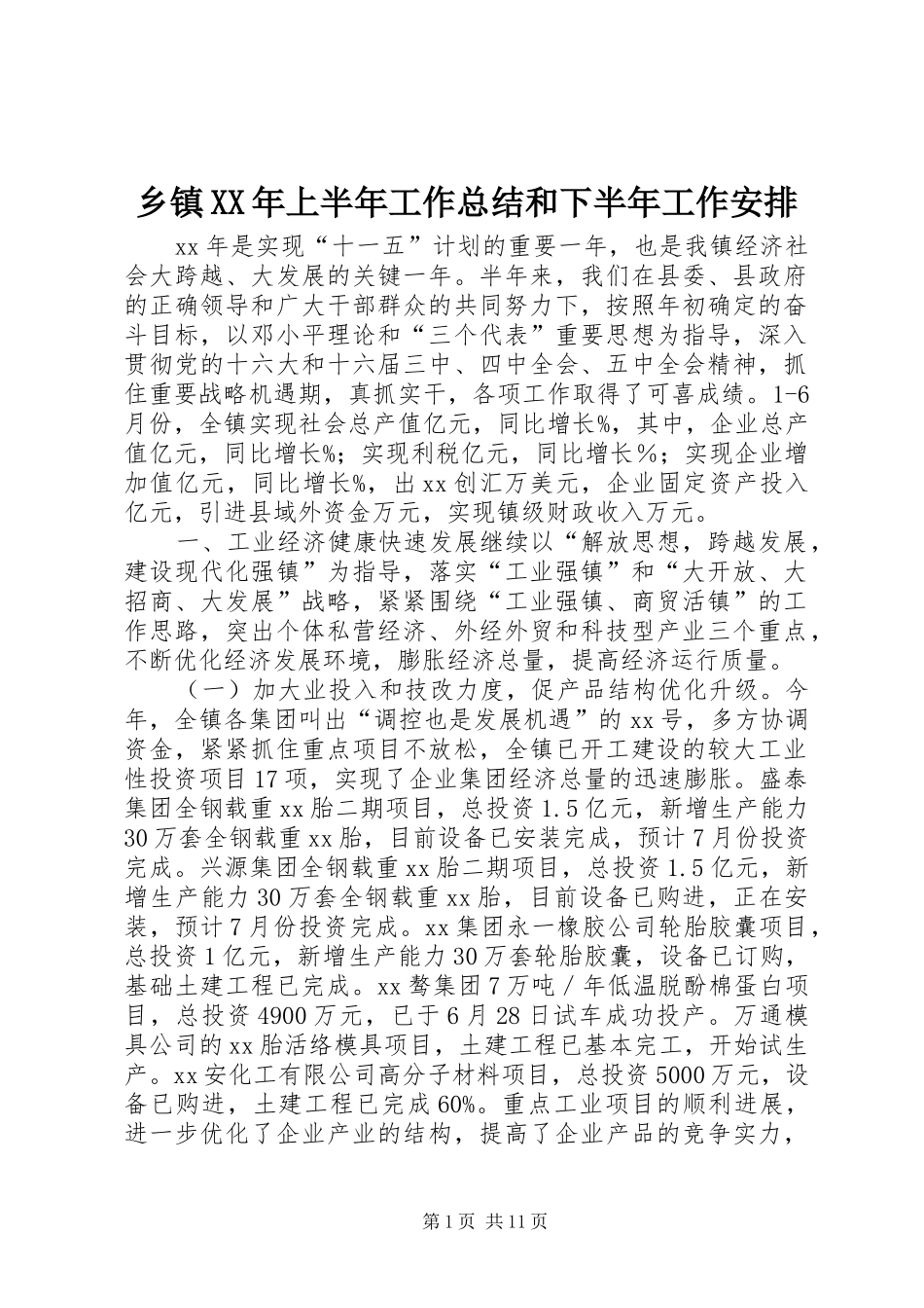 乡镇XX年上半年工作总结和下半年工作安排 _第1页
